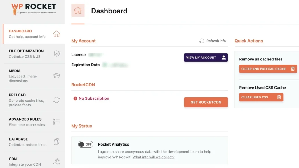 WP Rocket dashboard