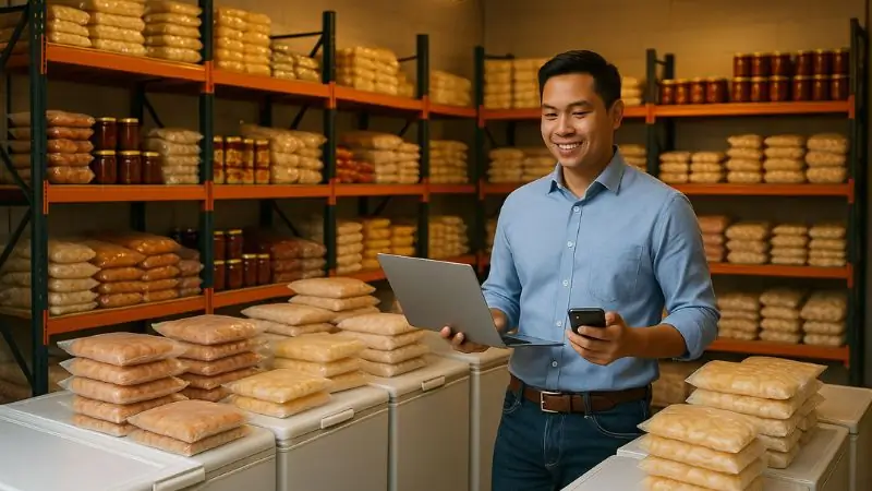 a filipino frozen goods business owner in the warehouse