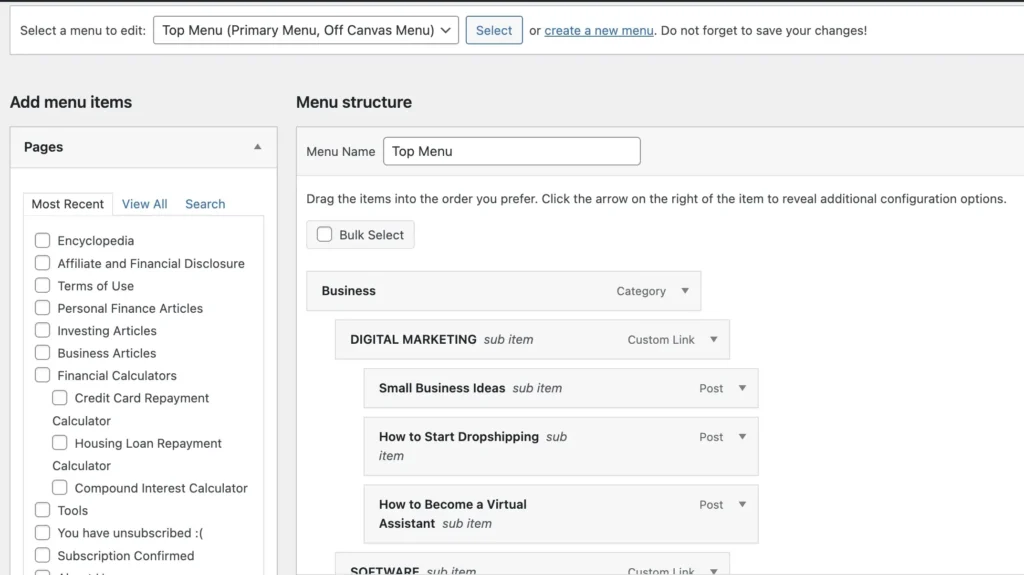 WordPress menu page