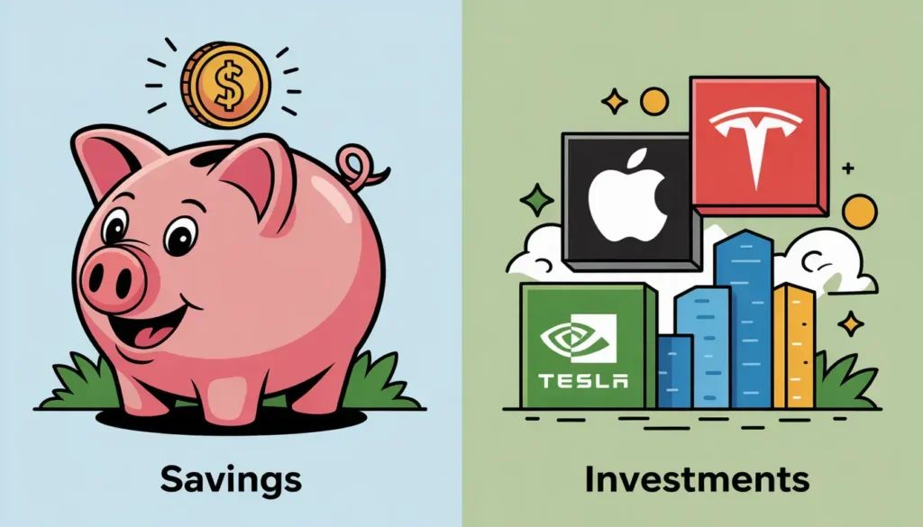 Savings vs Investments represented by a piggy bank and top US stocks