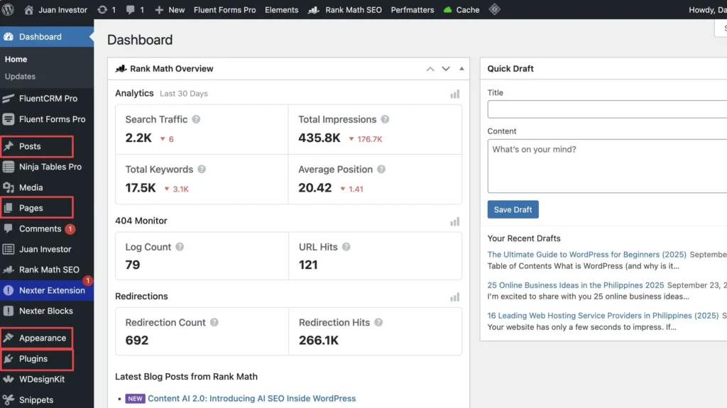 WordPress dashboard of Juan Investor
