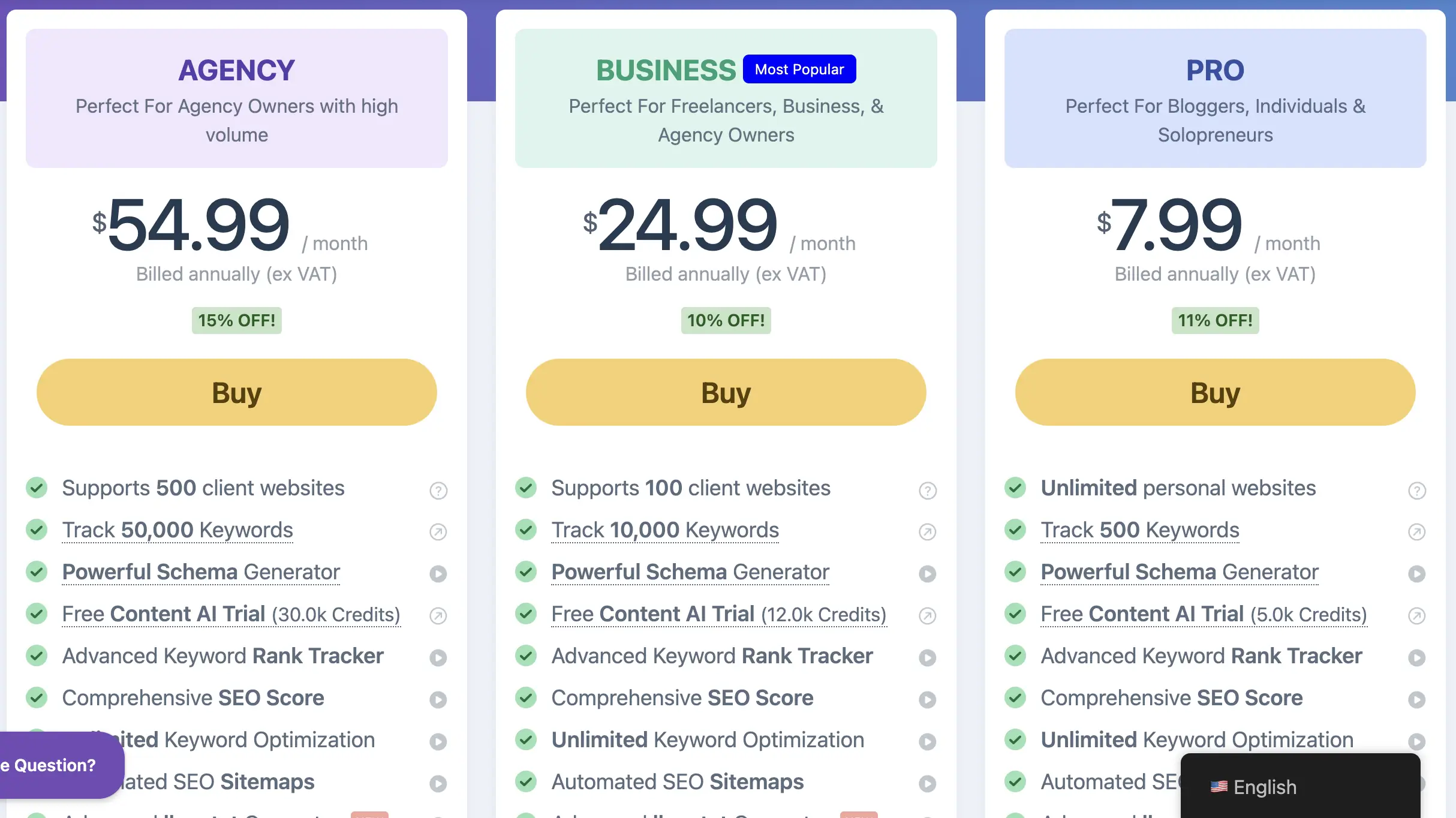 Rank Math Pricing page screenshot