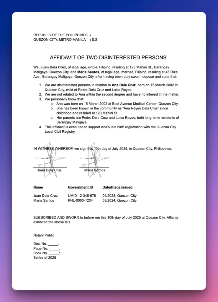 Affidavit of Two Disinterested Persons Sample in the Philippines
