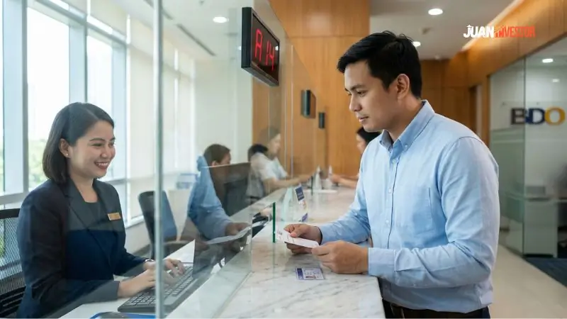 A Filipino guy doing a transaction with a bank teller