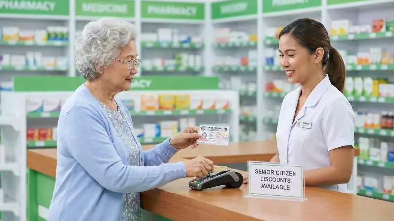 An elderly Filipino woman using her Senior Citizen card at a pharmacy