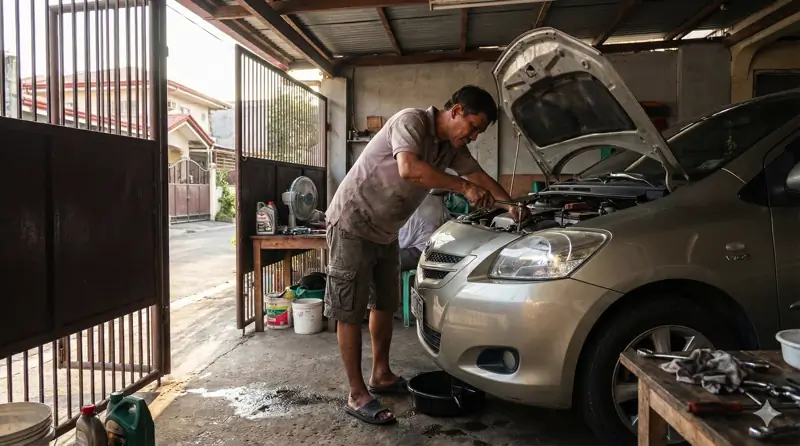 A Filipino man doing car maintenance